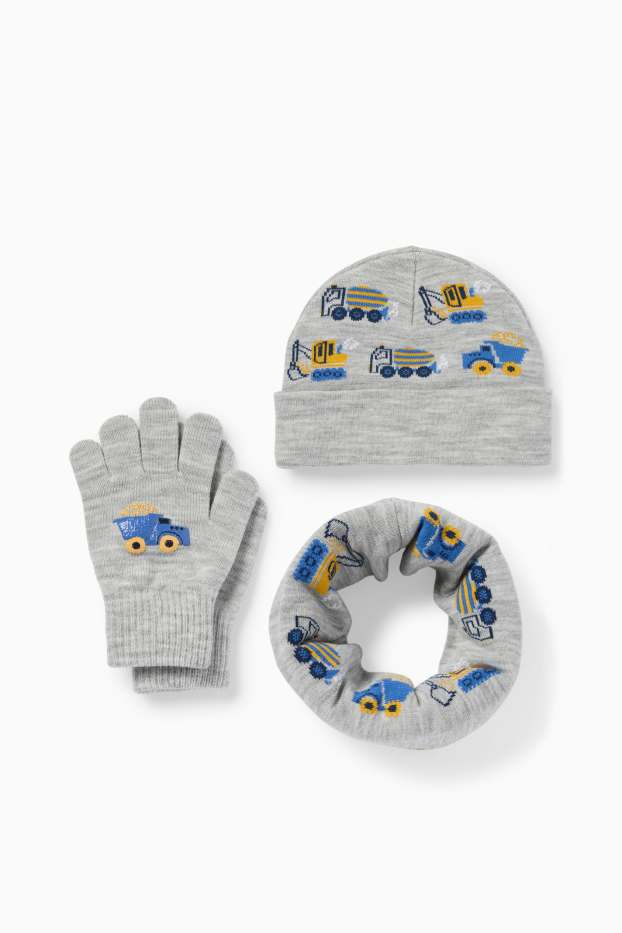 Kinder Jungen - Baustelle - Set - Mütze, Loop Schal und Handschuhe - hellgrau-melange