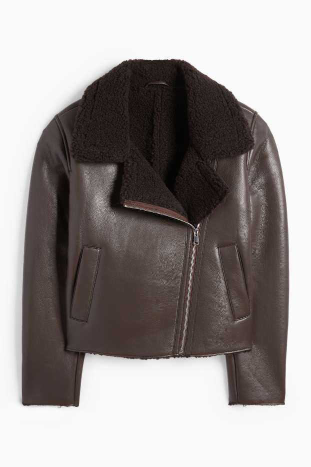 Dames - Shearling jas - imitatieleer - donkerbruin