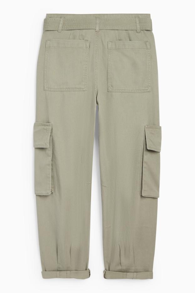 Damen - Cargohose mit Gürtel - High Waist - Tapered Fit - hellgrün