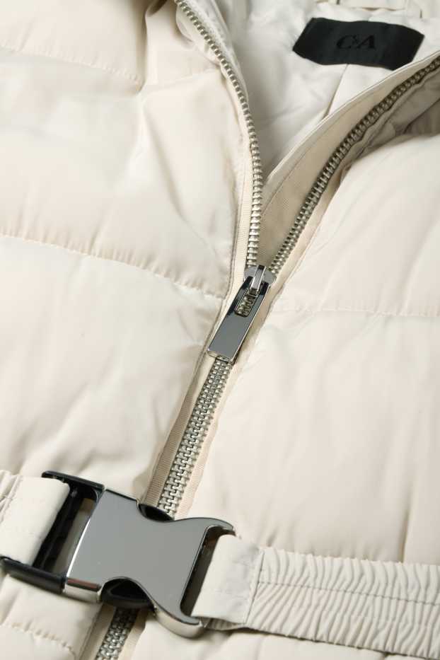 Dames - Gewatteerde jas met ceintuur, capuchon en imitatiebontrandje - licht beige