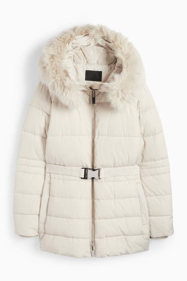 Dames - Gewatteerde jas met ceintuur, capuchon en imitatiebontrandje - licht beige