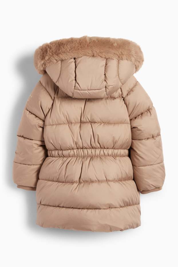 Enfants filles - Doudoune à capuche avec garniture d’imitation fourrure - matière recyclée - beige