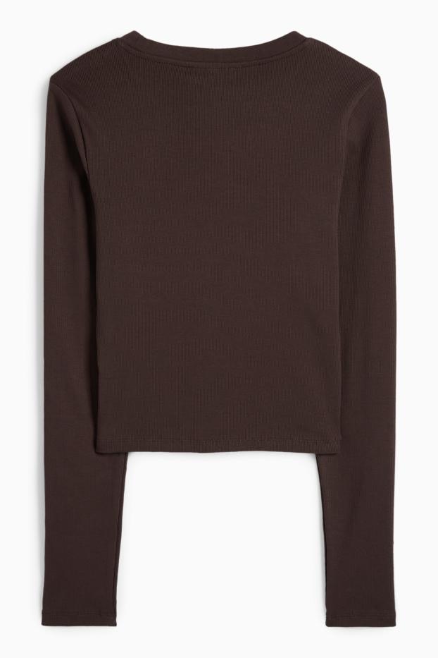 Dames - Korte longsleeve - geribd - donkerbruin