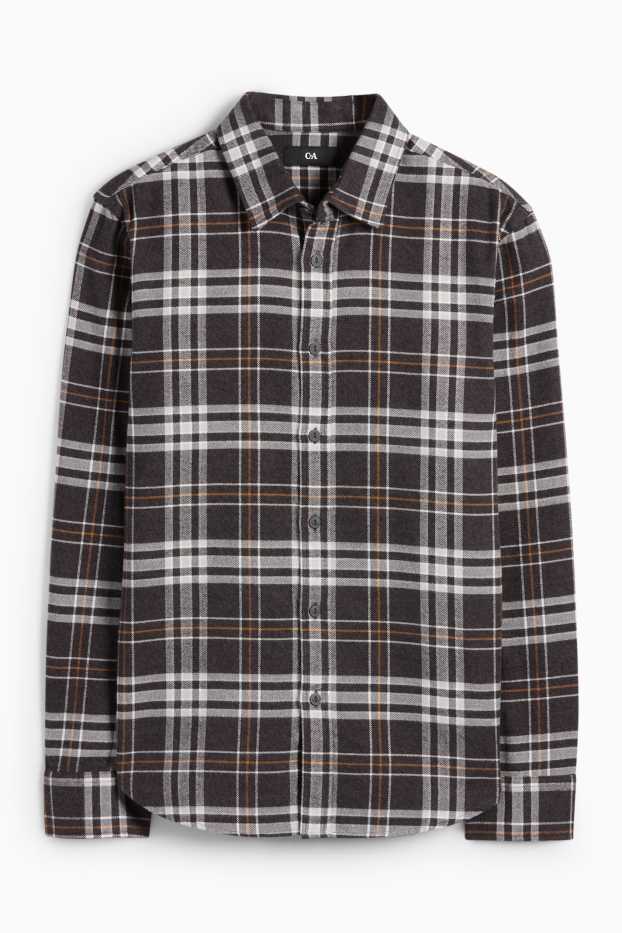 Uomo - Camicia di flanella - regular fit - collo all'italiana - a quadretti - grigio scuro