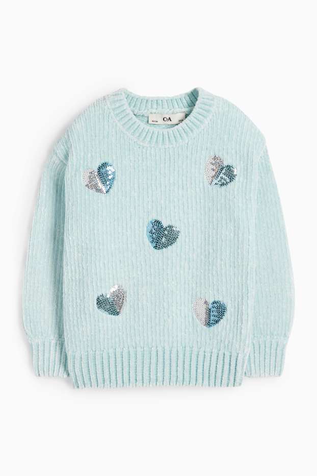 Enfants filles - Cœur - pull en maille chenille - finition côtelée - vert menthe