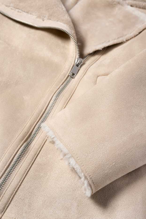 Damen - Faux Shearling Jacke - Velourslederimitat - hellbeige