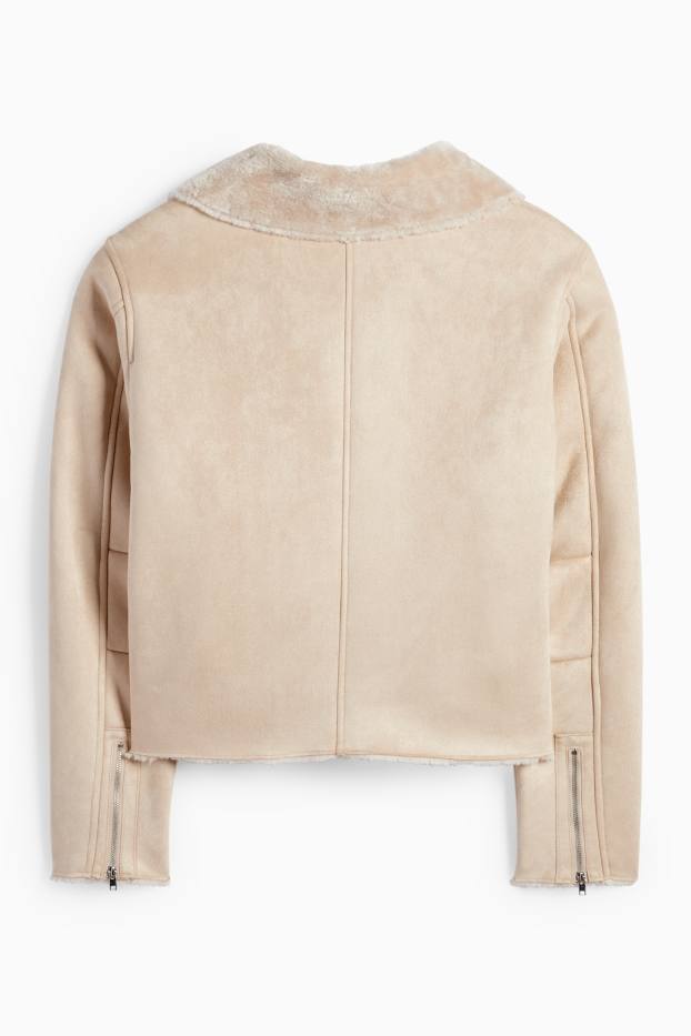 Damen - Faux Shearling Jacke - Velourslederimitat - hellbeige