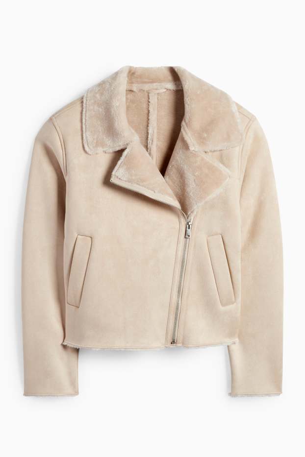 Damen - Faux Shearling Jacke - Velourslederimitat - hellbeige