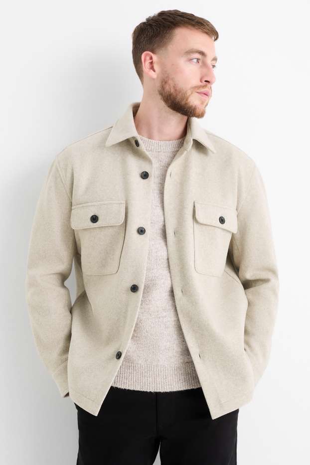 Men - Shirt jacket - relaxed fit - kent collar - light beige