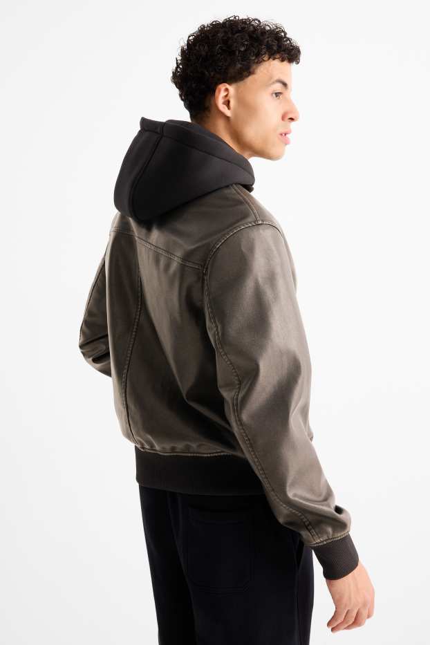 Herren - Jacke mit Kapuze - Lederimitat - schwarz