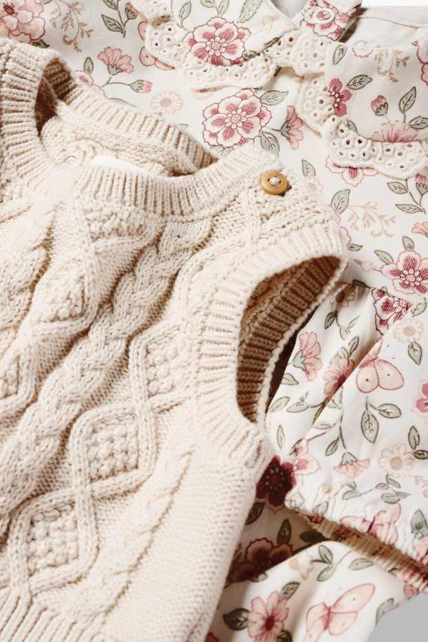 Baby Mädchen - Blümchen - Baby-Outfit - 2 teilig - hellbeige