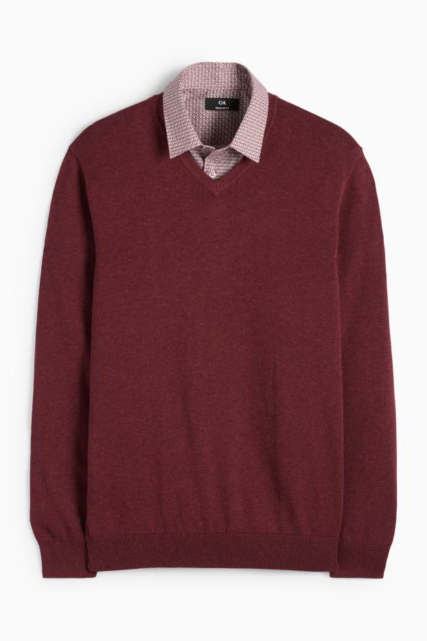 Herren - Set - Pullover mit V-Ausschnitt und Businesshemd - 2 teilig - dunkelrot
