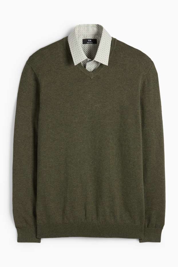 Herren - Set - Pullover mit V-Ausschnitt und Businesshemd - 2 teilig - dunkelgrün