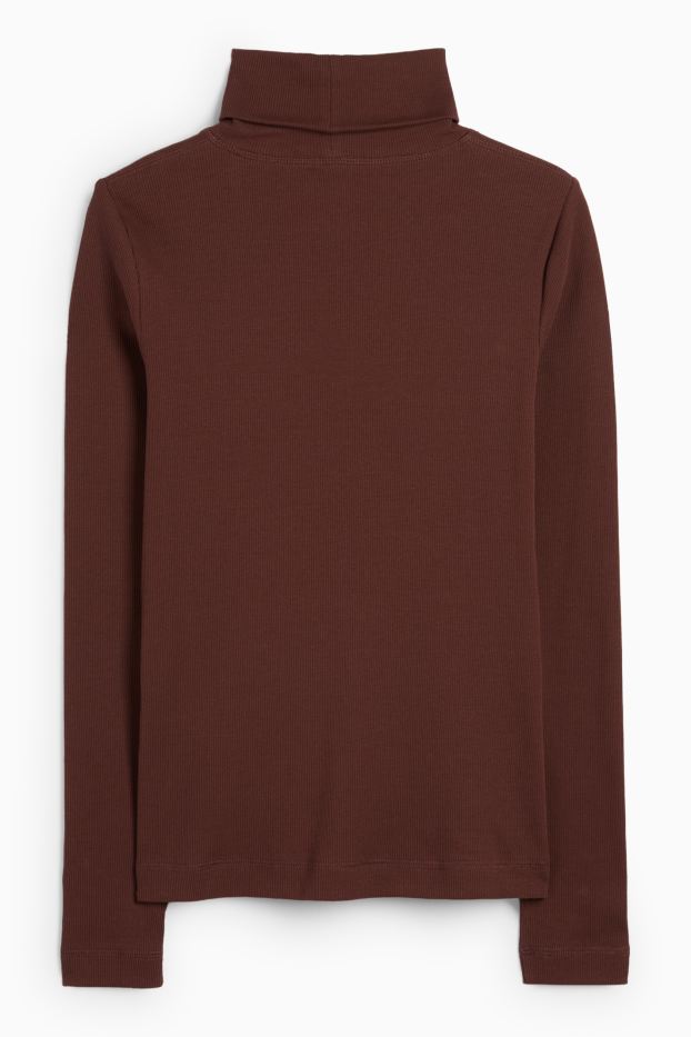 Women - Turtleneck top - ribbed - dark brown