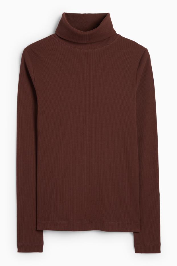 Women - Turtleneck top - ribbed - dark brown