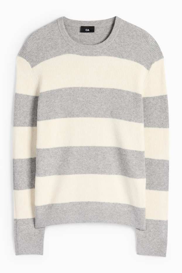 Men - Jumper - ribbed - striped - gray / beige