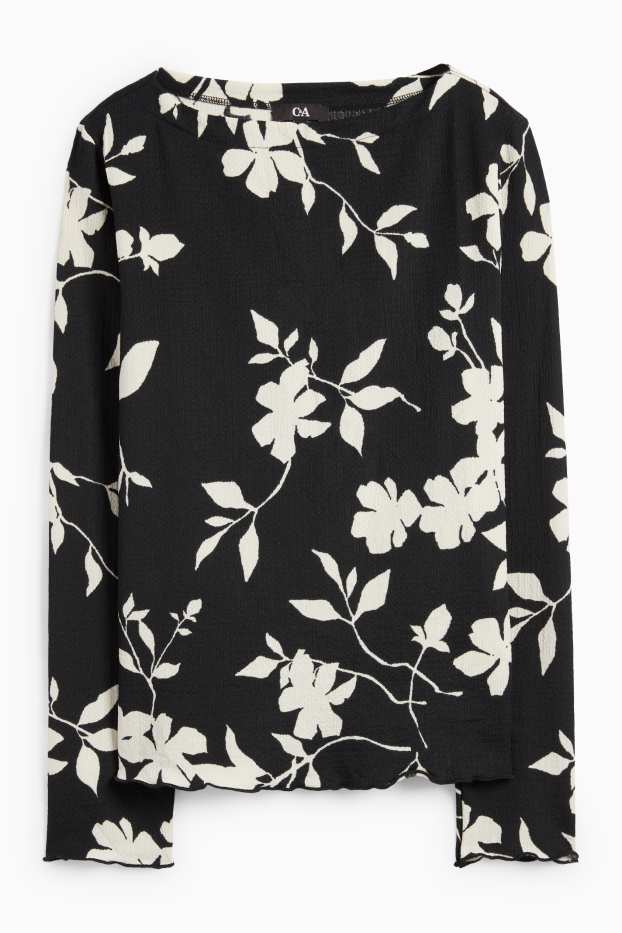Dona - Samarreta de mànigues llargues - regular fit - de flors - texturada - negre/blanc