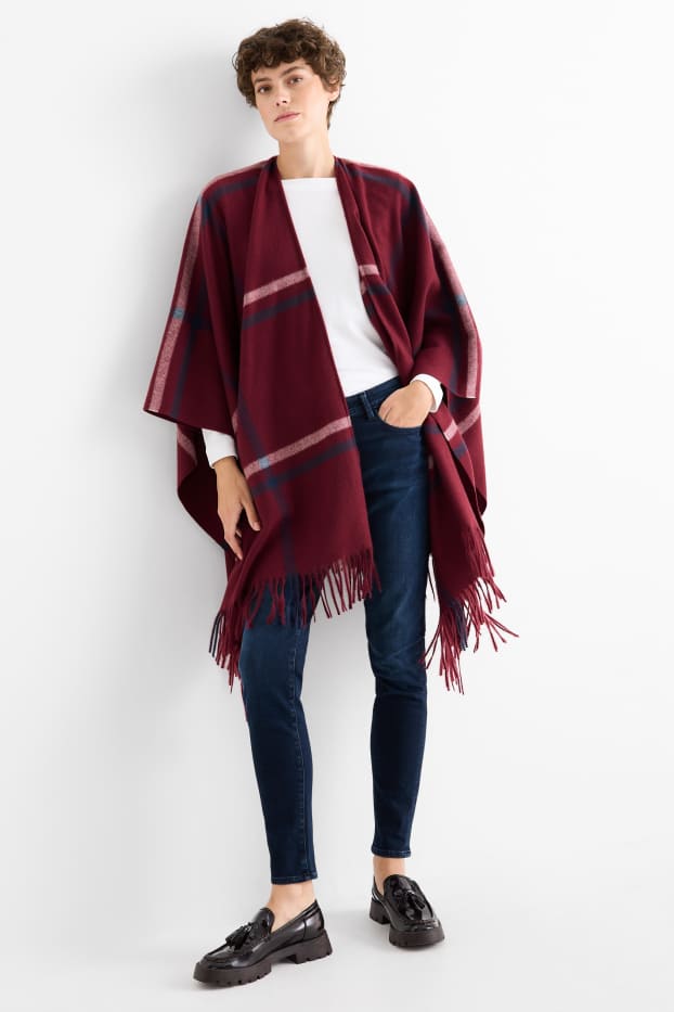 Women - Fringed poncho - check - bordeaux