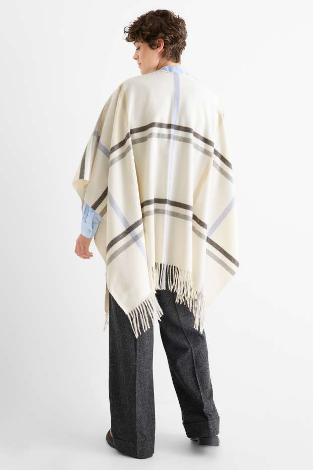 Dames - Poncho met franjes - geruit - crème wit