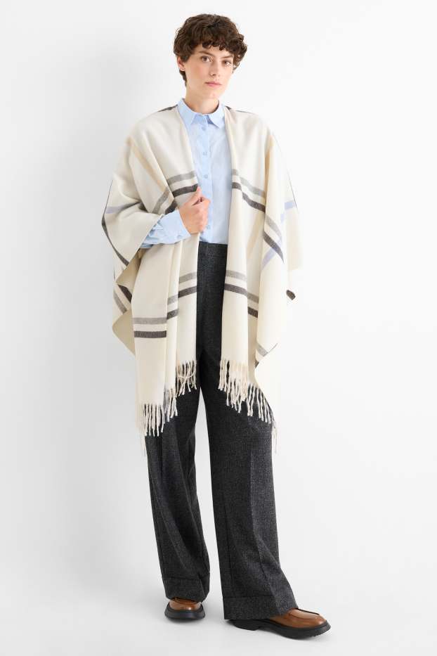 Dames - Poncho met franjes - geruit - crème wit