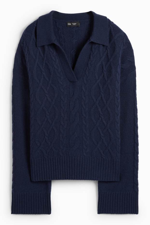 Femmes - Pull à col V contenant du cachemire - laine mélangée - bleu foncé