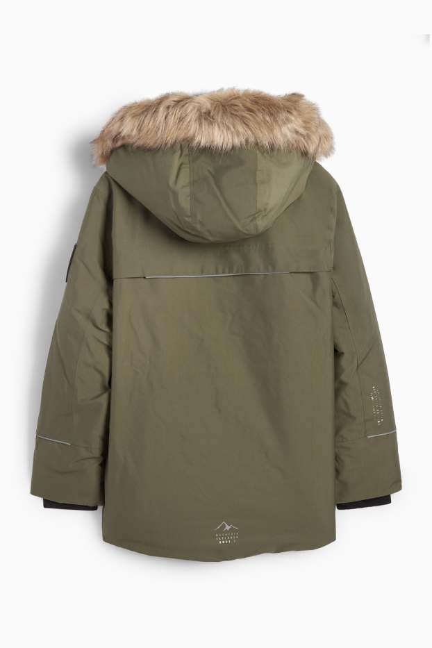 Kinder Buben - Regenjacke mit Kapuze und Kunstfellbesatz - gefüttert - khaki