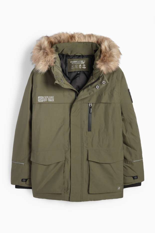 Kinder Buben - Regenjacke mit Kapuze und Kunstfellbesatz - gefüttert - khaki