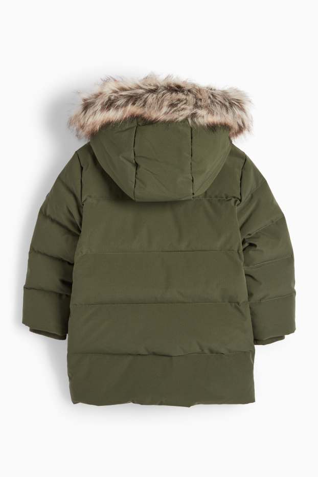 Children Boys - Down jacket with hood and faux fur trim - khaki