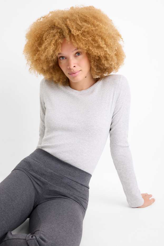 Femmes - Haut à manches longues - finition côtelée - gris clair chiné