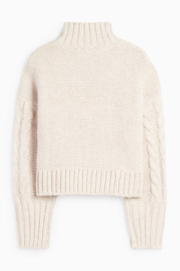 Damen - Crop Pullover - Zopfmuster - hellbeige