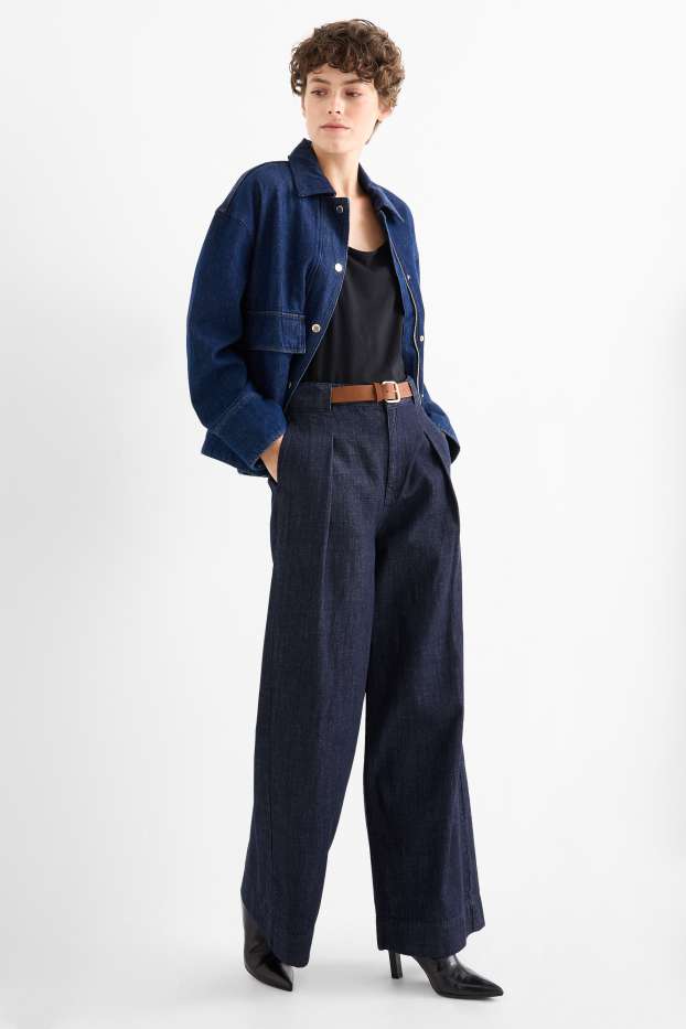 Dámské - Wide leg jeans s páskem - mid waist - džíny - tmavomodré