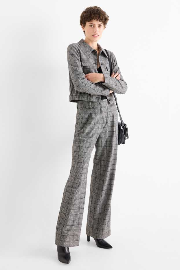 Dámské - Business kalhoty - mid waist - relaxed fit - kostkované - šedá