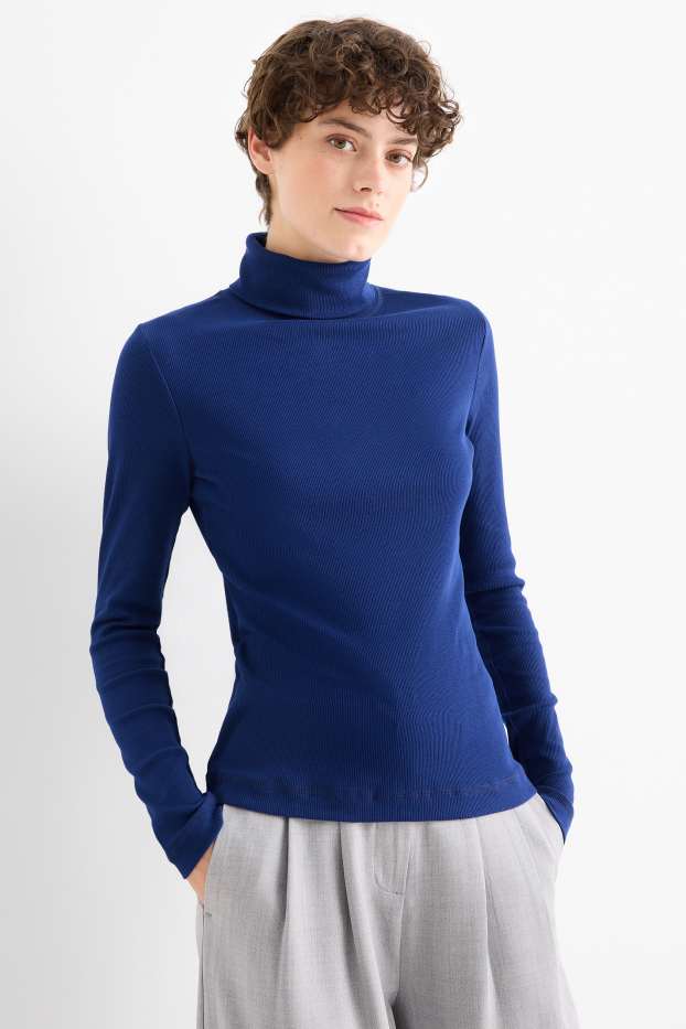 Women - Turtleneck top - ribbed - dark blue