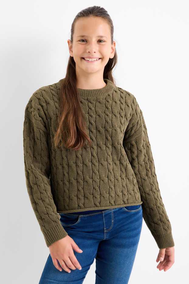 Kinder Mädchen - Pullover - Zopfmuster - khaki