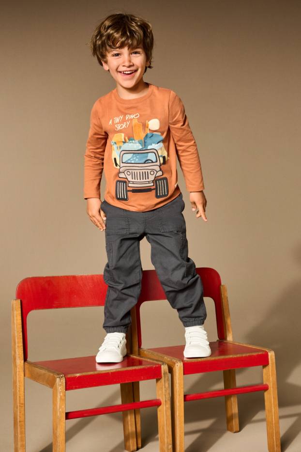 Kinder Buben - Dino - Langarmshirt - hellbeige