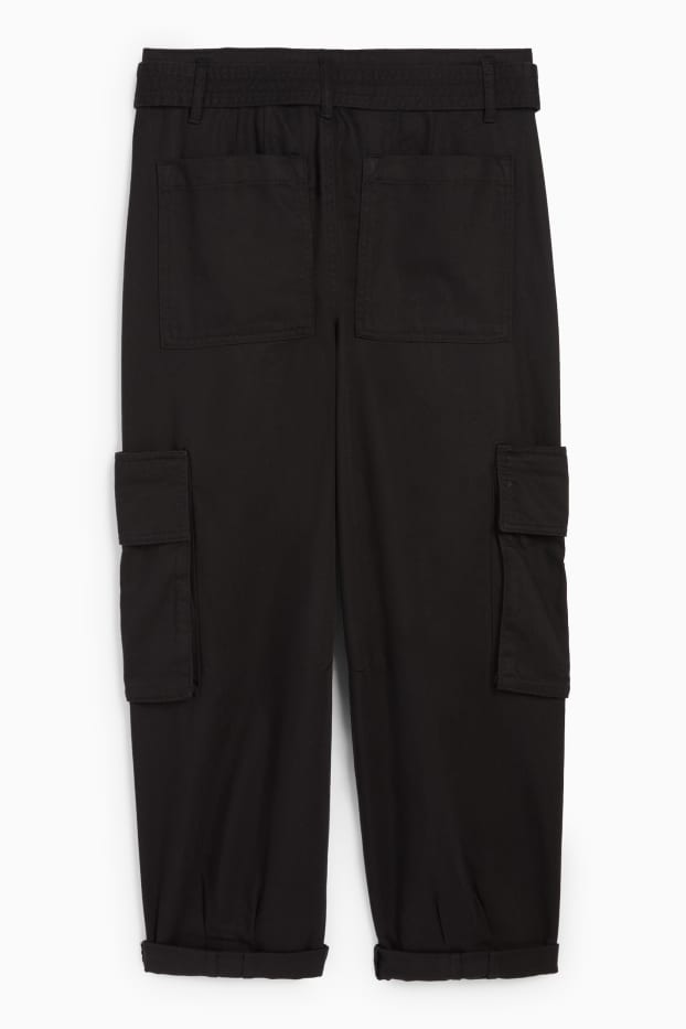 Women - Cargo trousers with belt - high-rise waist - tapered fit - black
