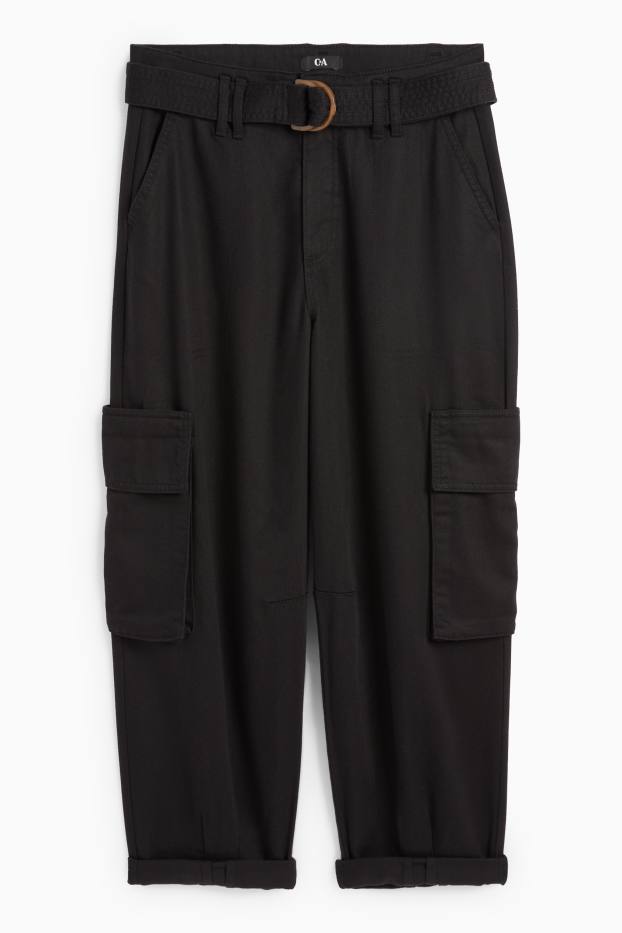 Women - Cargo trousers with belt - high-rise waist - tapered fit - black