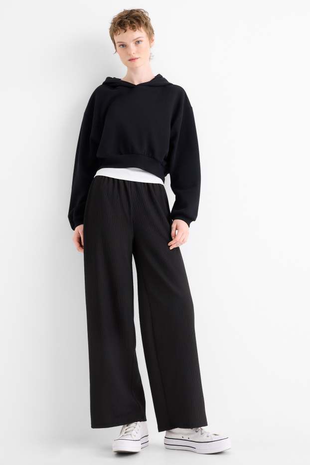 Damen - Jersey-Hose - Mid Waist - Wide Leg - strukturiert - schwarz
