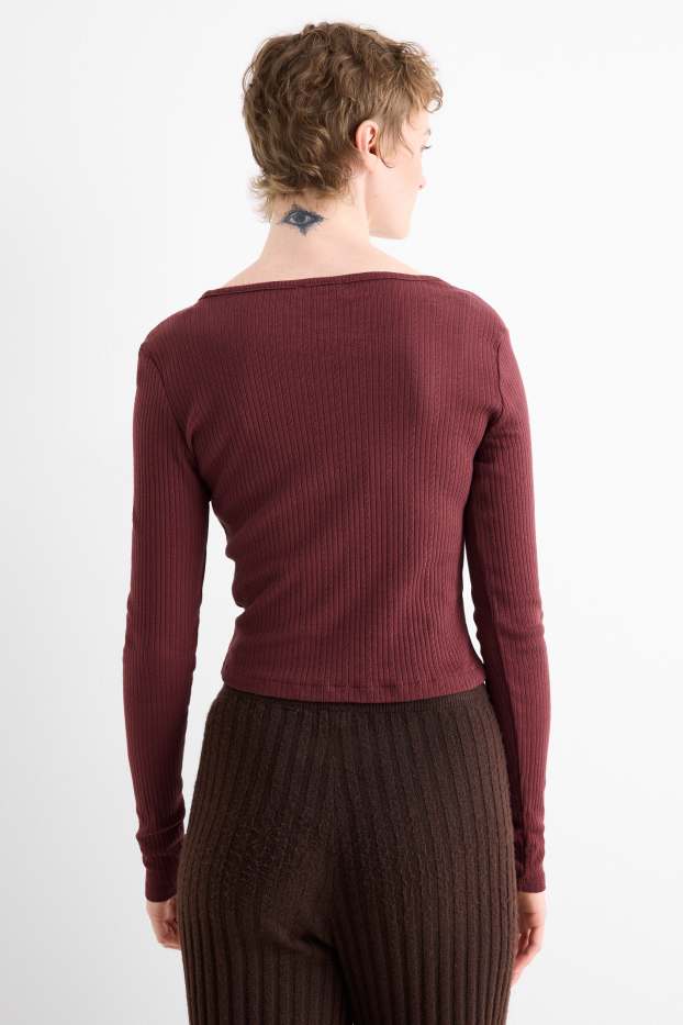 Women - Long sleeve top - slim fit - ribbed - bordeaux
