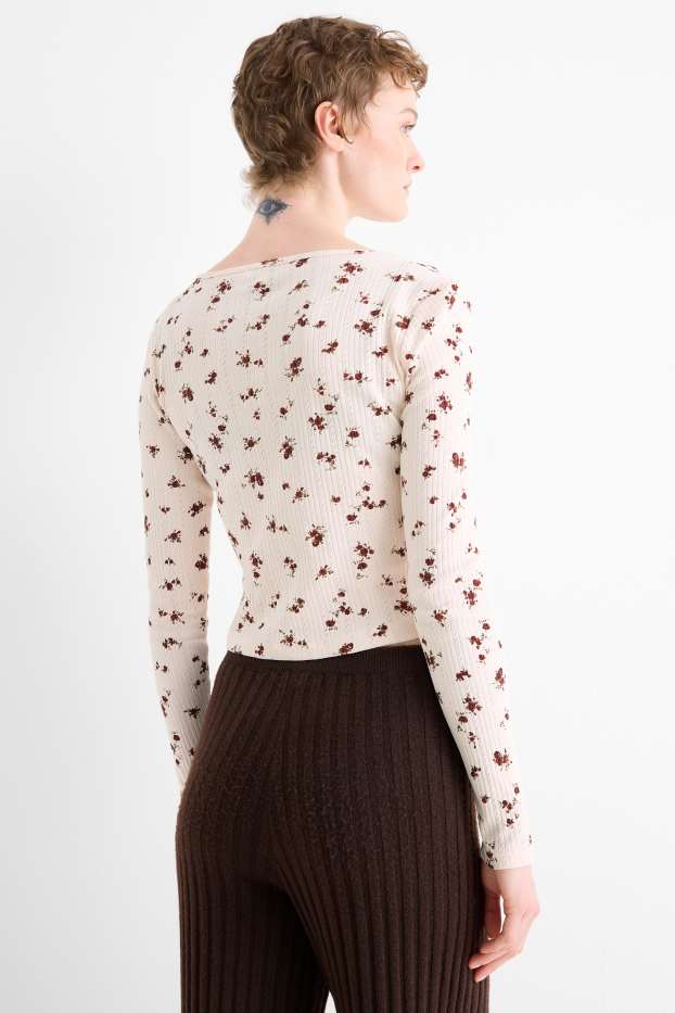 Femmes - Haut à manches longues - slim fit - finition côtelée - à fleurs - rose pâle / rouge