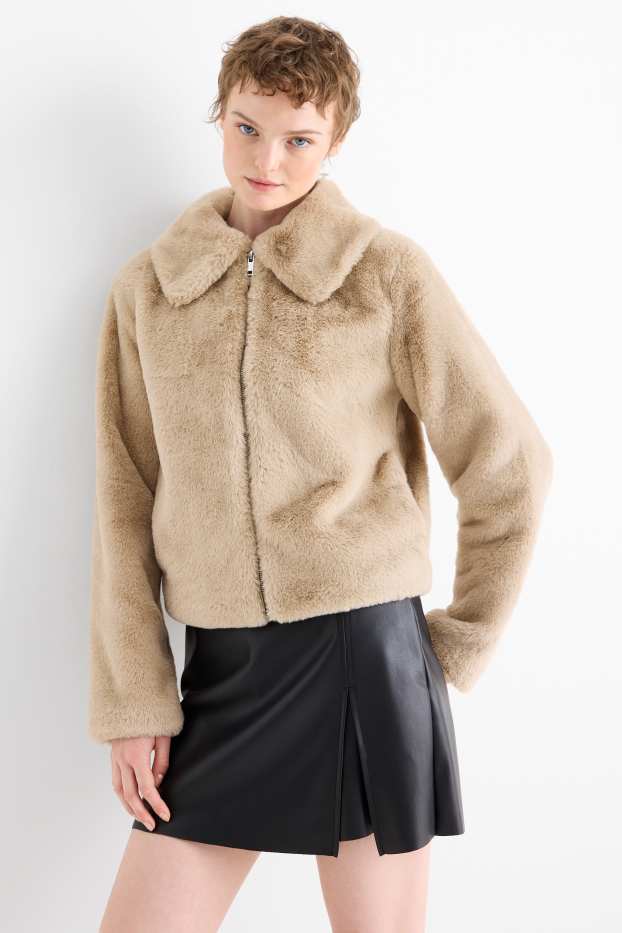 Dames - Jas van imitatiebont - beige