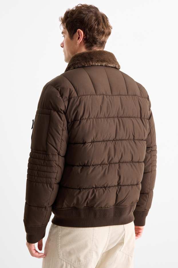Hommes - Doudoune avec garniture imitation fourrure - marron foncé