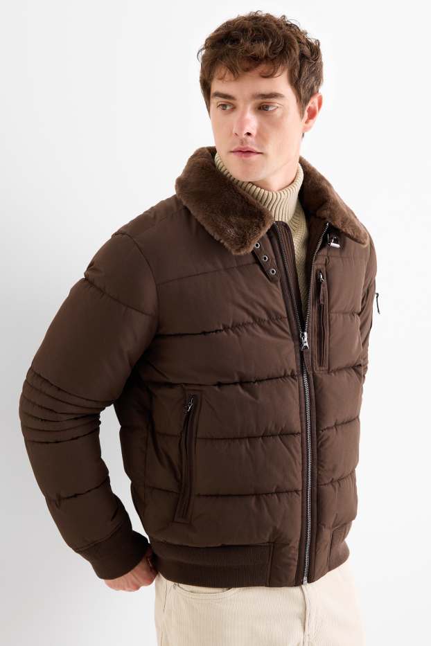 Hommes - Doudoune avec garniture imitation fourrure - marron foncé