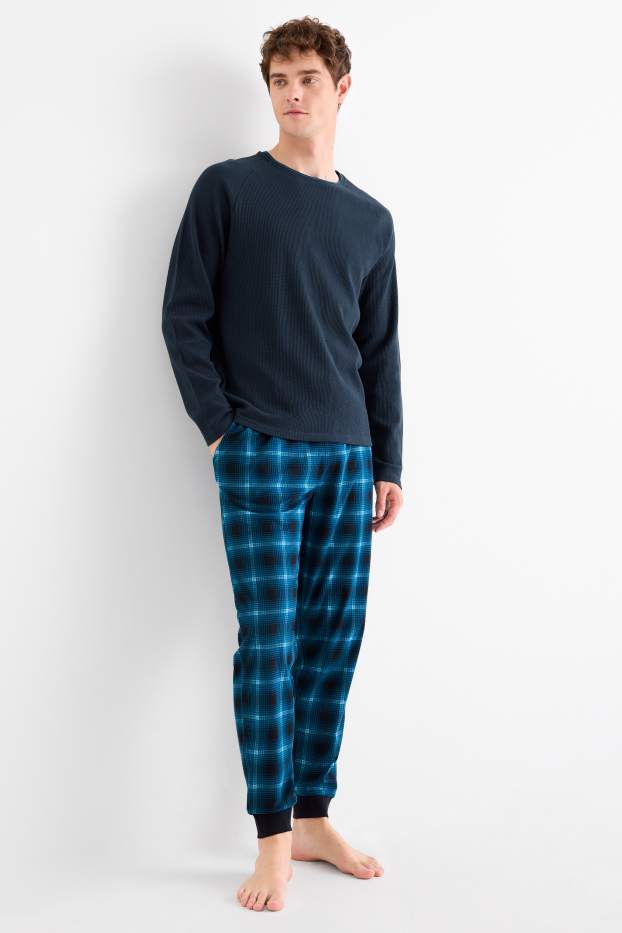 Heren - Pyjama met flanellen broek - donkerblauw