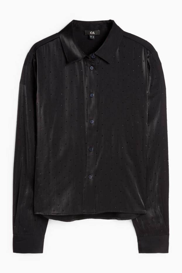 Damen - Satin-Bluse mit Strasssteinen - schwarz