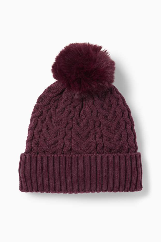 Niñas - Gorro con pompón - ochos - rojo oscuro