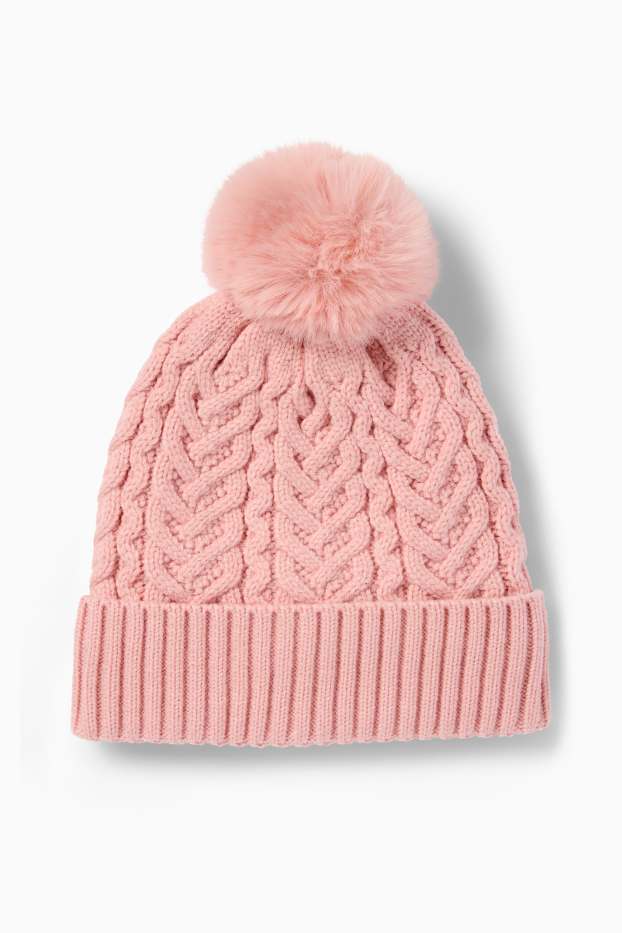 Enfants filles - Bonnet à pompon - motif tressé - rose