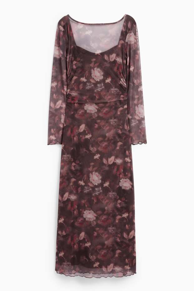 Damen - Mesh-Kleid - geblümt - dunkelbraun