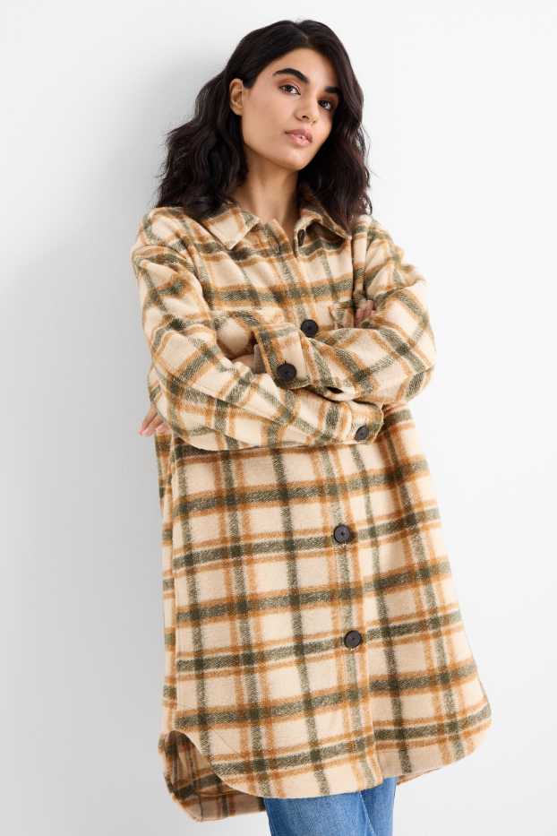 Dames - Gebreide jas - geruit - licht beige