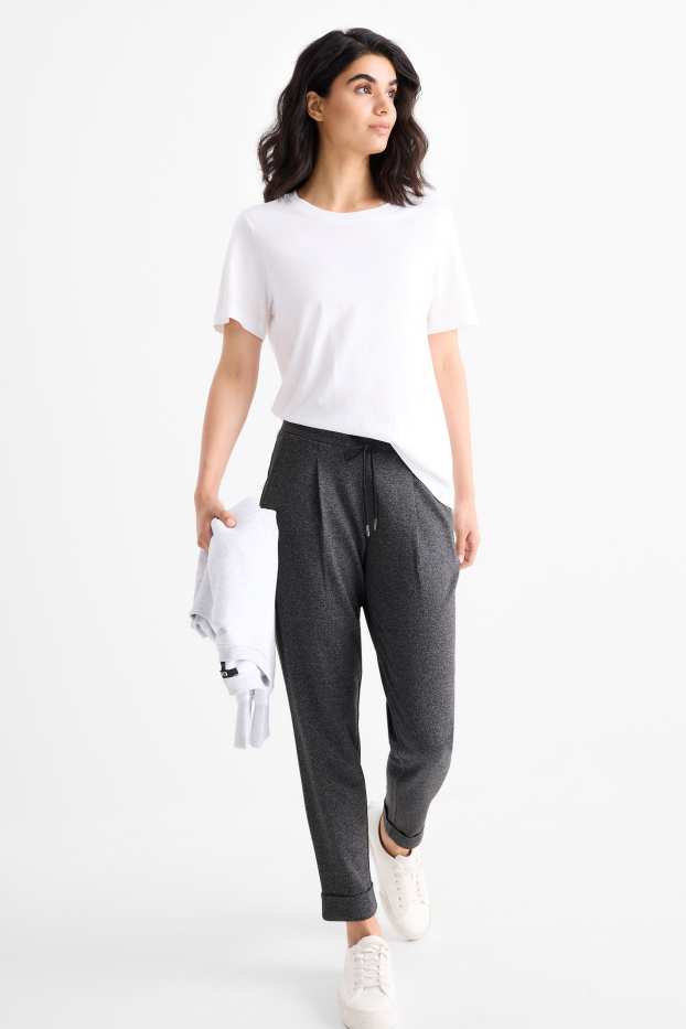 Dámské - Žerzejové kalhoty - mid waist - tapered fit - strukturované - tmavošedá